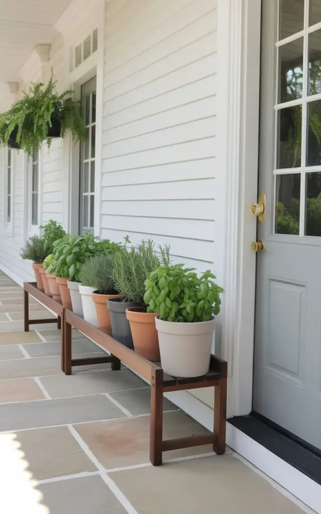A sunlit spring front porch styled as a very well decorate front porch with a neat row of terracotta and matte-white ceramic pots filled with basil, rosemary, mint, and thyme. The herbs are lush, vibrant, and slightly varied in height, arranged on a slim wooden plant stand beside the entrance. The overall setting embraces a minimalist layout—clean white siding, light stone flooring, and uncluttered negative space that allows the greenery to shine. Centered behind the arrangement is a soft sage door; the door has a keyhole and a handle in brushed brass, both sharply defined and polished. Gentle sunlight enhances the texture of the leaves, creating a fresh, aromatic atmosphere that feels calm and intentional. Arranged on the left side of the door in horizontal