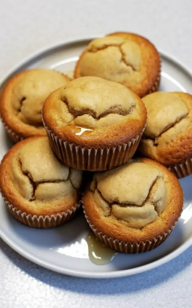Five honey yogurt muffins with softly domed tops and a light golden hue sit in a relaxed cluster on a glossy white ceramic plate. Each muffin displays subtle cracks across its surface, revealing a tender crumb beneath, and a faint sheen indicates natural sweetness. Small pools of melted honey collect in the crevices of the muffins. The plate rests on a bright, plain white kitchen countertop with a subtle grain texture, creating a calm, wholesome atmosphere.