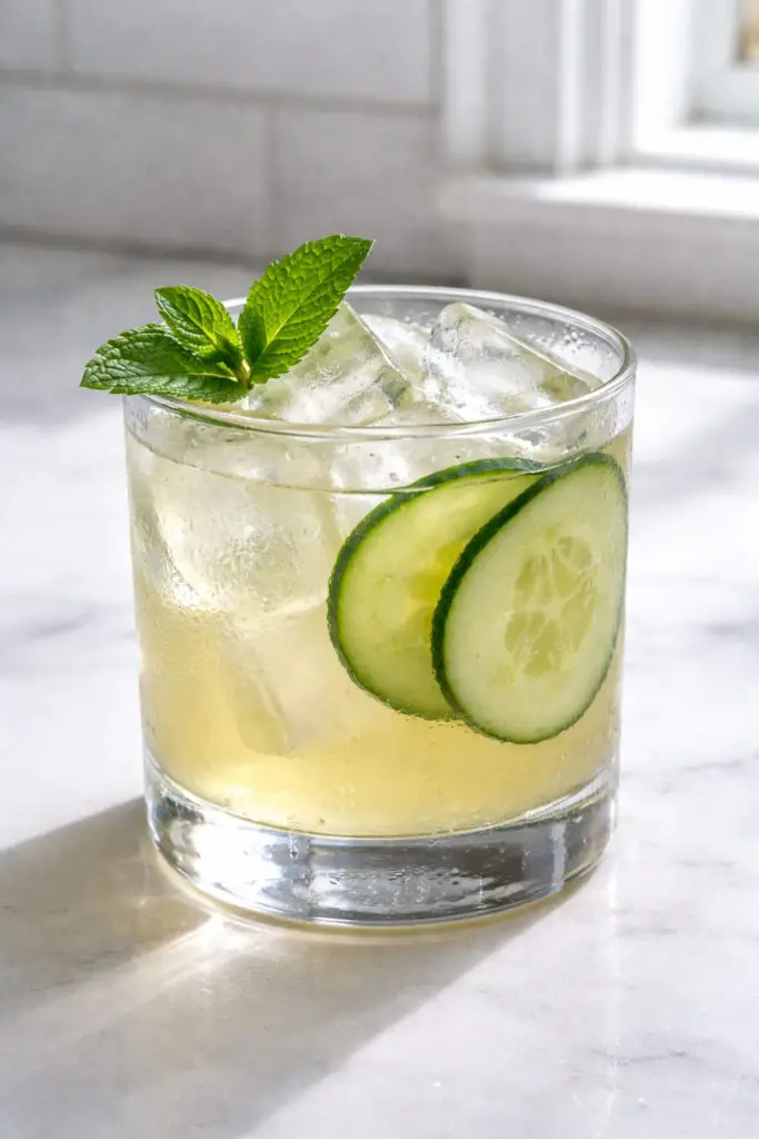A sturdy rocks glass filled with an Irish Maid cocktail, natural light entering from the right side, placed on a bright plain white kitchen countertop. The drink has a pale golden color with a slightly cloudy appearance from fresh lemon juice. Thick ice cubes sit evenly spaced inside. Thin cucumber slices are pressed against the inner wall of the glass, clearly visible through the liquid. A fresh mint sprig rests across the top, and light condensation forms evenly around the glass exterior.