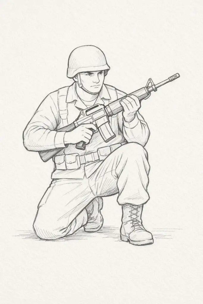 A plain paper background pencil drawing illustration of a soldier kneeling on one knee while holding a rifle diagonally across the body. The soldier is drawn in a simplistic style, with subtle folds in the uniform around the bent knee and raised thigh. The hands grip the rifle firmly, showing careful attention to finger placement. Eyes are focused forward, conveying concentration. Minimal shading along the legs and arms provides depth without cluttering the composition. The overall image remains clean, emphasizing posture and readiness.