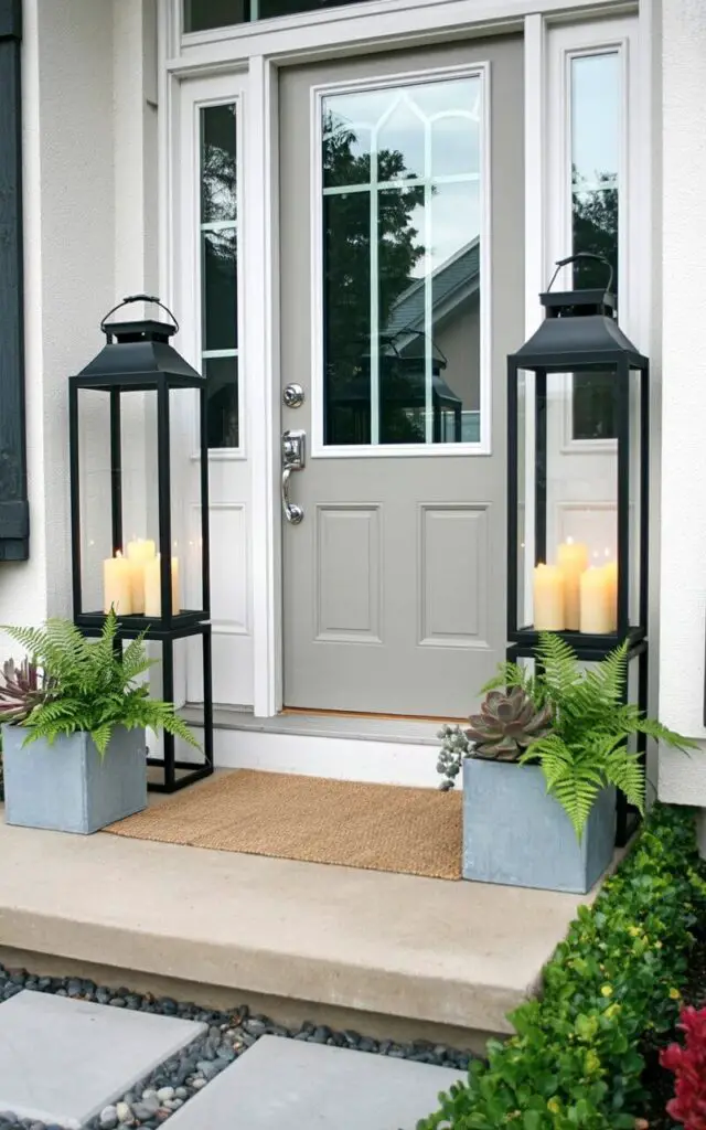 An evening view of a spring front porch illuminated by warm lantern light. The very well decorate front porch features two tall black metal lanterns placed symmetrically beside the entry, each holding softly glowing candles. The minimalist design keeps décor refined—subtle greenery in sleek planters and a clean neutral rug underfoot. The pale gray door serves as the backdrop; the door has a keyhole and a handle in polished chrome, subtly reflecting the lantern light. The atmosphere feels welcoming and tranquil, with golden hues contrasting gently against cool evening shadows. The pathway is visible