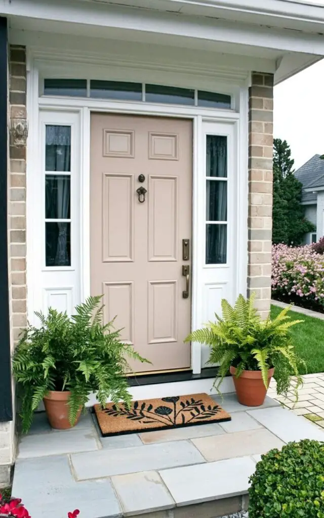 This spring front porch emphasizes a layered doormat arrangement at the threshold. A large neutral woven rug forms the base, topped with a smaller botanical-print mat aligned precisely with the doorway. The porch is a very well decorate front porch styled in a minimalist palette of white, soft green, and natural wood tones. The front door, painted a pale blush, is centered; the door has a keyhole and a handle in matte brass, both crisply rendered and proportionate. Two identical potted ferns stand symmetrically on either side, creating balance and visual harmony.