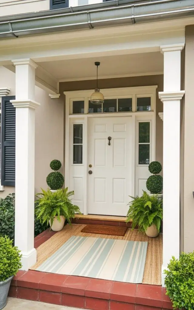 A stylish homestead spring front porch featuring a layered rug . The base rug is a large neutral woven jute, topped with a striped pastel outdoor mat, creating depth while maintaining a minimalist aesthetic. The porch appears as a very well decorate front porch with symmetrical potted greenery flanking the entrance. The white front door stands prominently; the door has a keyhole and a handle in satin nickel, precisely centered and gleaming subtly. The scene includes clean white columns, soft shadows cast by early afternoon sunlight, and a balanced arrangement that feels intentional yet effortless.