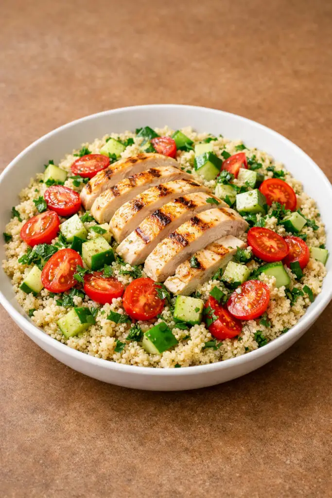 A large shallow white bowl filled with a colorful lemon chicken and quinoa salad. Fluffy, pale golden quinoa forms the base, topped with slices of lightly grilled chicken breast with golden sear marks. Bright red cherry tomato halves, crisp cucumber cubes, and fresh chopped parsley are evenly scattered throughout. A light lemon vinaigrette glistens subtly on the ingredients. The salad is photographed under soft natural light that enhances the vibrant colors and textures, and the bowl is placed on a bright plain white kitchen countertop, creating a fresh, wholesome presentation.