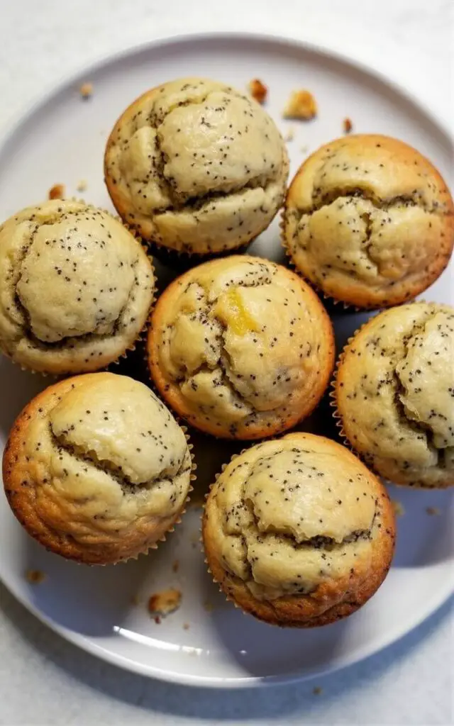 Six lemon poppy seed muffins sit neatly on a glossy white ceramic plate. Each muffin has a pale golden top speckled with evenly distributed tiny black poppy seeds, with a slightly domed surface and visible flecks of lemon zest near the edges. A few crumbs from the muffins scatter across the plate's surface, adding texture. The plate rests on a bright, plain white kitchen countertop with subtle shadows indicating a nearby light source.