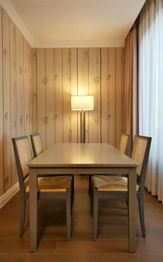 This image presents a contemporary dining room featuring dining room wallpaper with fine lines illustrations in monochrome tones. The room feels like a very well decorate dining room that celebrates simplicity and intention. An empty dining table and dining chairs with clean, straight profiles reinforce a minimalist aesthetic. The line art wallpaper adds subtle personality and texture without dominating the space. Soft, even lighting enhances the delicate lines, creating a calm, modern, and visually balanced dining environment.