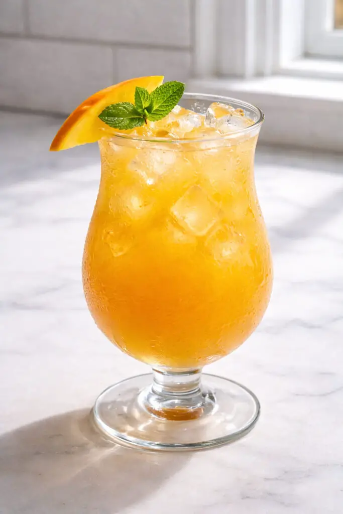 A large, gently curved hurricane glass holding a mango rum punch cocktail, natural light shining brightly across it, placed on a bright plain white kitchen countertop. The liquid is a rich golden-orange color, smooth and slightly opaque from mango purée. Cubed ice fills the glass to the top. A vibrant mango slice and a small mint sprig garnish the rim. The glass surface glistens with condensation, and the bold tropical hue contrasts vividly against the clean white countertop backdrop.