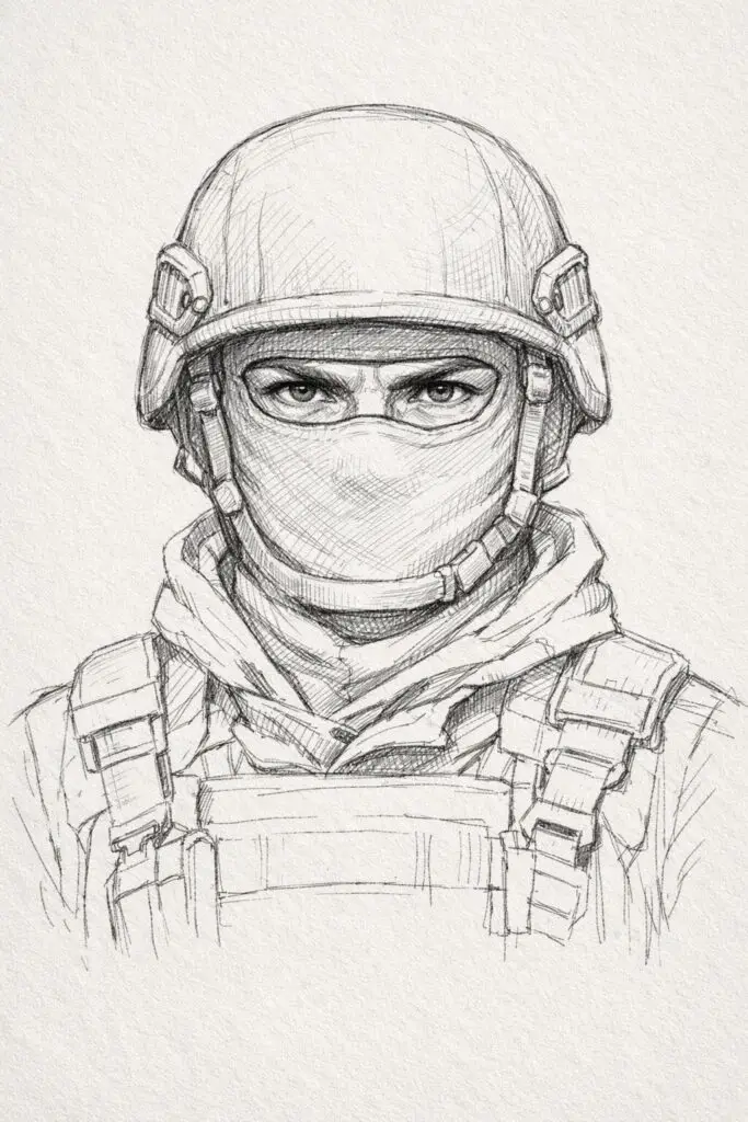A plain paper background pencil drawing illustration of a soldier wearing a fitted ski mask that covers most of the face. The soldier is drawn in a simplistic style, with fabric folds lightly sketched around the cheeks and neck. Only the eyes are visible, sharply defined with darker shading to convey intensity. The helmet rests securely over the mask. The uniform is outlined with minimal creasing, maintaining clarity. The plain background highlights the mysterious and focused presence of the soldier.