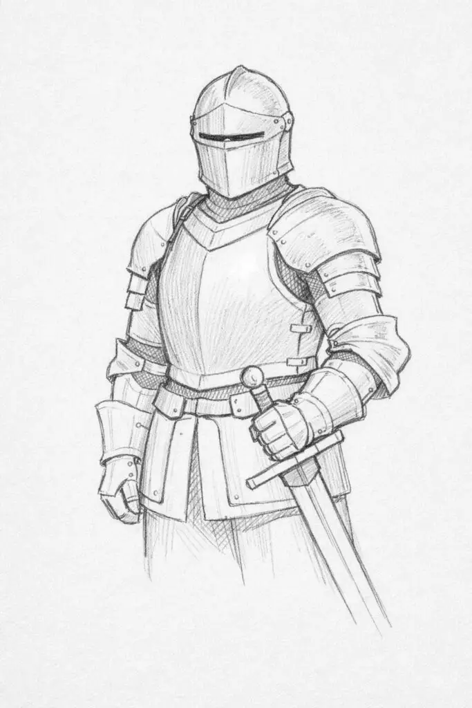 A plain paper background pencil drawing illustration of a soldier wearing full medieval-style armor. The soldier is drawn in a simplistic style, with helmet, breastplate, and gauntlets outlined cleanly with minimal shading. The sword is held firmly at the side, and subtle lines suggest joints and articulation in the armor plates. The posture is upright and defensive, emphasizing readiness. Light pencil shading on the helmet and chest plate adds a hint of reflective metallic texture. The background remains uncluttered to highlight the soldier’s detailed yet minimalistic armor.