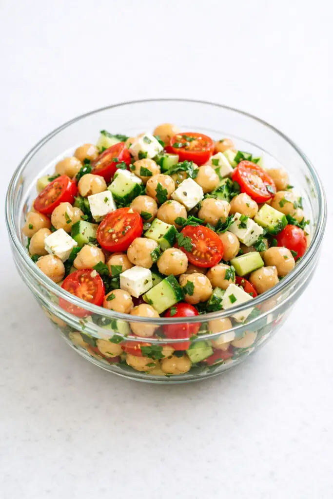 A clear glass bowl showcasing a chickpea salad composed of plump beige chickpeas mixed with diced cucumbers, halved cherry tomatoes, finely chopped parsley, and small cubes of feta cheese. The lemon and olive oil dressing lightly coats each ingredient, giving the salad a fresh sheen. The ingredients are evenly distributed for a balanced look. The image is captured in bright natural light, and the bowl is placed on a bright plain white kitchen countertop, emphasizing the salad’s vibrant Mediterranean colors.