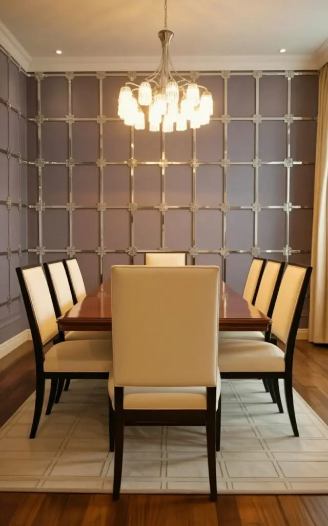 A refined dining room featuring dining room purple wallpaper with subtle chrome metallic accents that softly reflect light. The space reads as a very well decorate dining room where elegance meets restraint. An empty dining table and dining chairs with simple silhouettes ground the room, reinforcing a minimalist approach. The metallic details shimmer gently under warm lighting, adding glamour without excess. The wallpaper elevates the room’s mood while the clean furniture keeps the overall look balanced and sophisticated. The wallpaper is from top to bottom
