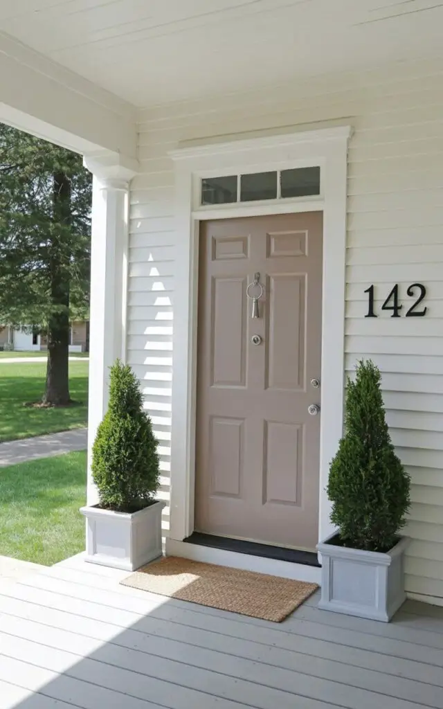 A crisp spring front porch showcasing sleek black metal house numbers mounted beside the door on white siding. The composition is a very well decorate front porch with a minimalist approach—two tall green plants in matching white planters flank the entry, and a neutral woven rug anchors the threshold. The door, painted a soft warm gray, is centered prominently; the door has a keyhole and a handle in polished chrome, both clearly defined against the smooth surface. The updated numbers appear sharp and modern, enhancing curb appeal without overpowering the clean architectural lines.