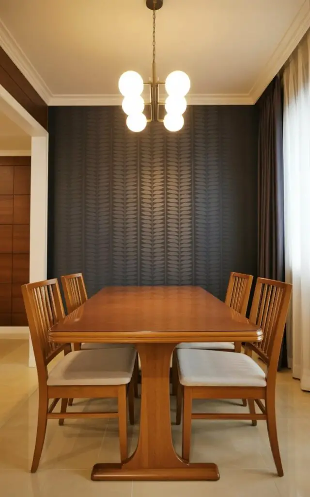 This image captures an intimate dining space wrapped in deep-toned dining room wallpaper in shades of black and navy. Despite the dark palette, it remains a very well decorate dining room thanks to warm lighting and thoughtful balance. An empty dining table and dining chairs in lighter wood tones sit calmly against the moody backdrop, reinforcing a minimalist contrast. The wallpaper absorbs light softly, creating a cozy and dramatic ambiance without clutter. The scene feels sophisticated, atmospheric, and intentionally restrained. The wallpaper if rom top to bottom