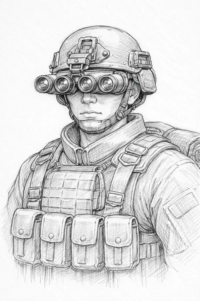 A plain paper background pencil drawing illustration of a soldier wearing night vision goggles fitted over the helmet. The soldier is drawn in a simplistic style, with goggles appearing slightly bulky and lenses lightly shaded to imply reflective glass. The eyes are partially visible, peering forward intently. Light pencil strokes indicate folds in the uniform near the shoulders and neck. The posture is alert and steady. Minimal background ensures the focus remains on the tactical gear and the soldier’s vigilant expression.