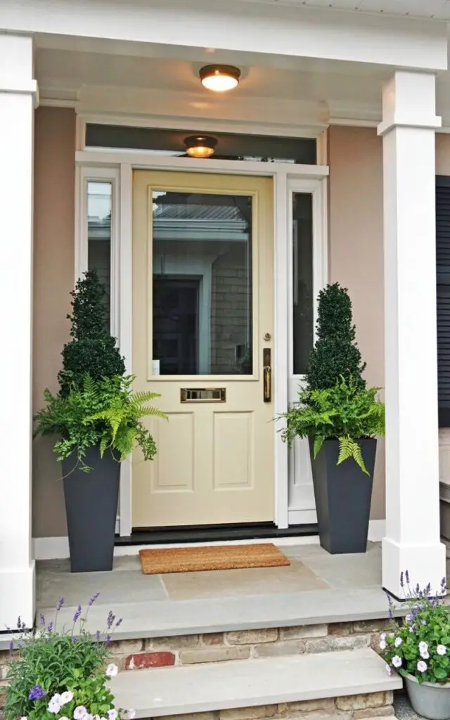 A fresh spring front porch showcasing a newly painted buttery-yellow door as the focal point. The porch is a very well decorate front porch with restrained, minimalist styling—two tall matte-black planters with lush green foliage stand symmetrically on either side. The yellow door contrasts beautifully against crisp white trim; the door has a door handle in polished brass, both meticulously detailed and reflecting warm light. A simple woven doormat rests neatly below, and subtle floral accents frame the steps. The entire image conveys brightness, renewal, and a thoughtfully edited composition.