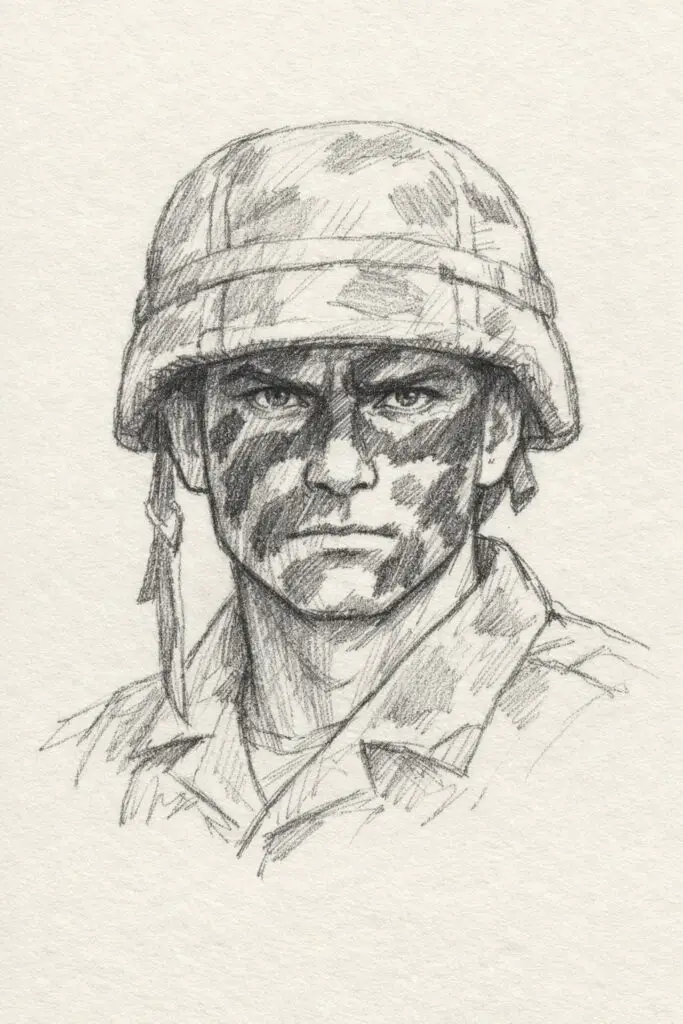 A plain paper background pencil drawing illustration of a soldier with camouflage paint across the face. The soldier is drawn in a simplistic style, with irregular dark and light pencil strokes applied to the cheeks, forehead, and jawline. Eyes are sharply defined to convey focus and intensity. Minimal creases in the uniform indicate relaxed posture. The helmet rests naturally atop the head, partially casting shadows on the painted face. The plain paper background highlights the contrast of the face paint and the soldier’s expression.