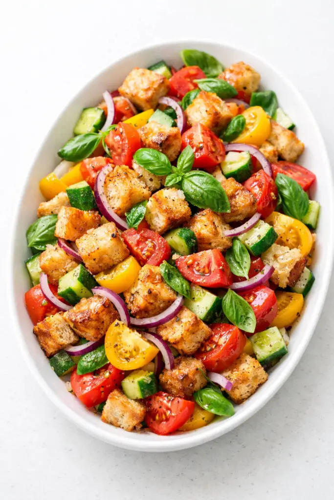 A large white serving dish showcasing a rustic panzanella salad composed of toasted cubes of golden-brown crusty bread mixed with vibrant chunks of red and yellow tomatoes, cucumber pieces, and thinly sliced red onion. Fresh basil leaves are scattered throughout, and a light olive oil and vinegar dressing lightly coats the ingredients, giving them a subtle shine. The salad appears slightly dewy, with bread soaking up the flavorful dressing. The image is illuminated by natural light, and the dish is placed on a bright plain white kitchen countertop, highlighting the salad’s colorful, rustic charm.