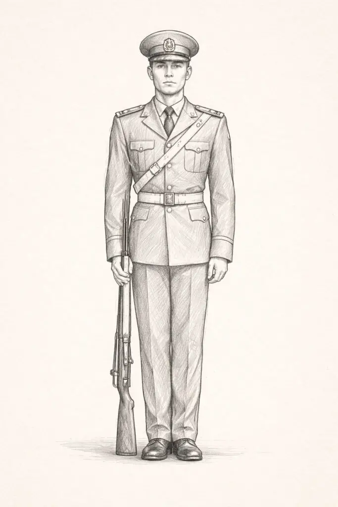 A plain paper background pencil drawing illustration of a soldier standing formally in a parade uniform. The soldier is drawn in a simplistic style, with straight posture, squared shoulders, and feet together. Buttons and uniform lines are evenly spaced and cleanly sketched. The cap sits precisely atop the head, casting a slight shadow over the forehead. Light shading emphasizes folds near the elbows and waist. The facial expression is neutral and disciplined, maintaining the polished and ceremonial appearance of a parade soldier.