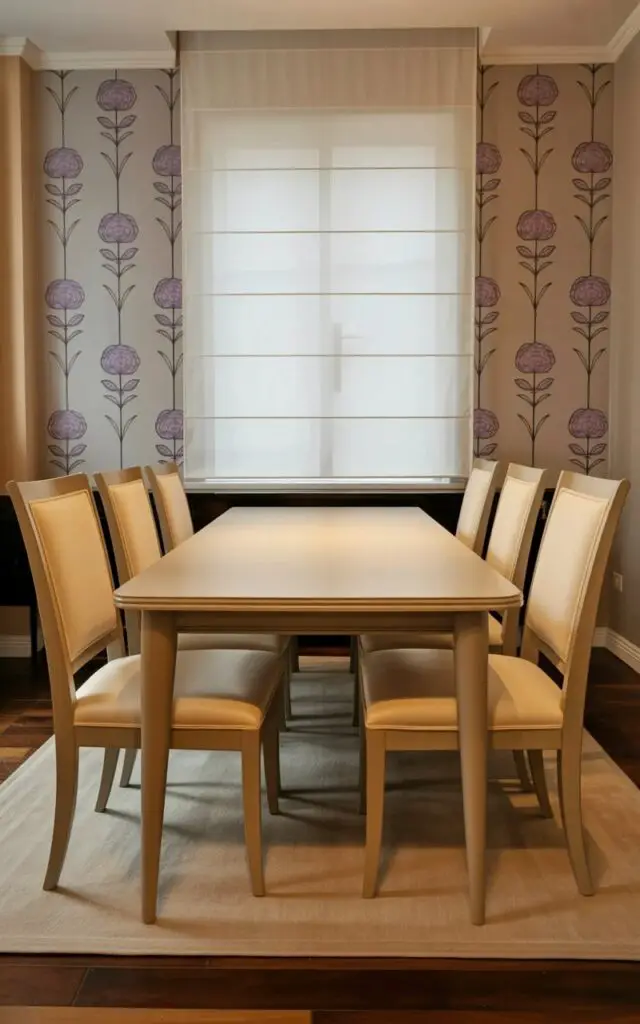 This image highlights a light-filled dining room dressed in dining room wallpaper in soft pastel lavender. The space feels like a very well decorate dining room designed to feel airy and welcoming. An empty dining table and dining chairs in pale wood or white finishes reinforce a minimalist aesthetic. The pastel wallpaper gently reflects natural light, creating a soothing backdrop without overpowering the room. The overall look is fresh, serene, and perfectly balanced between subtle color and simplicity.