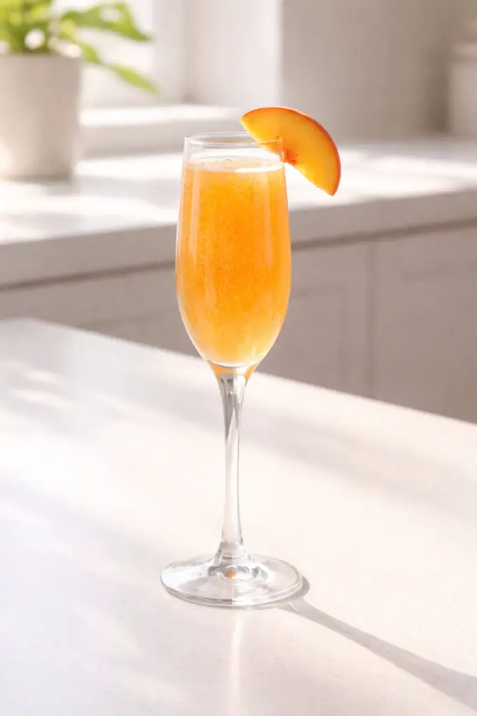 A narrow champagne flute filled with a peach Bellini cocktail, natural light glowing warmly across the glass, placed on a bright plain white kitchen countertop. The drink has a soft peach-orange hue with delicate effervescent bubbles rising in steady streams. The surface glistens smoothly without foam. A thin peach slice is perched gently on the rim. The slender stem creates a crisp, elongated shadow on the countertop, and the clear glass base reflects subtle highlights from the bright setting.