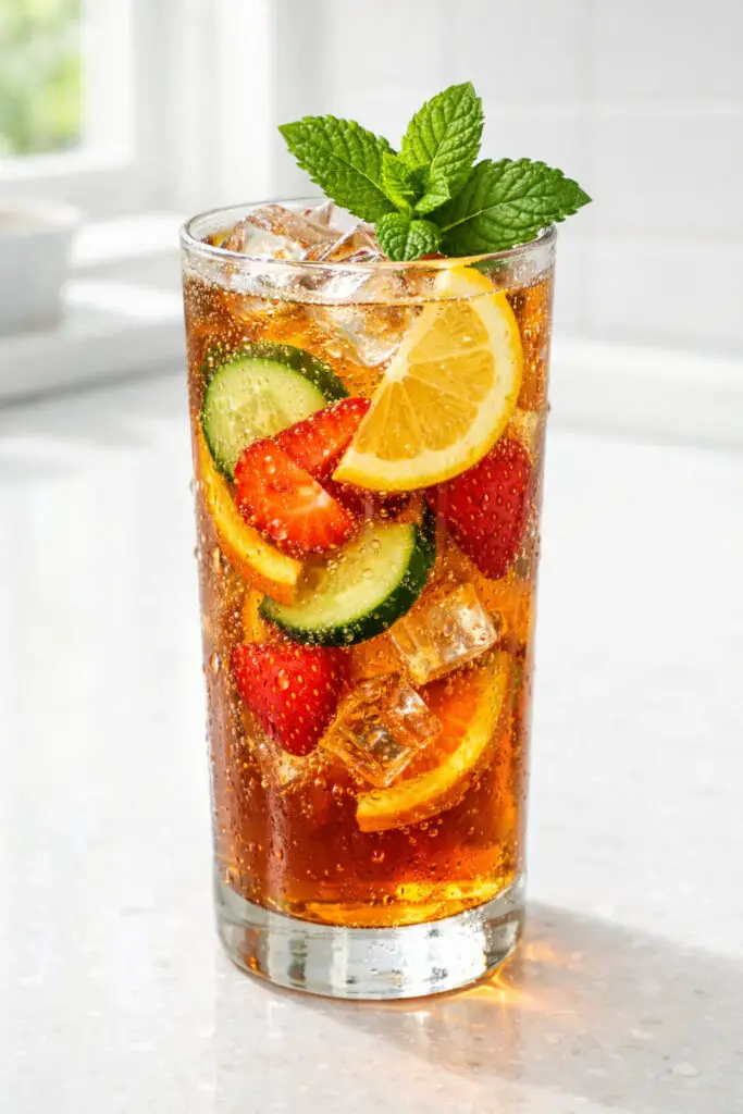 A tall Collins glass filled with a Pimm’s Cup cocktail, natural light illuminating the vibrant ingredients, placed on a bright plain white kitchen countertop. The amber-brown liquid is partially transparent and packed with clear ice cubes. Visible slices of cucumber, strawberry, orange, and lemon are layered throughout the glass. A sprig of fresh mint rises above the rim. Tiny carbonation bubbles cling to the fruit pieces, while condensation forms generously along the outside of the glass.