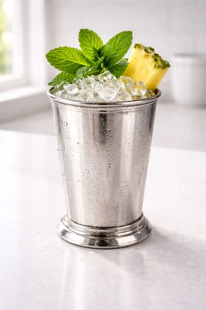 A polished silver julep cup holding a pineapple mint julep cocktail, natural light highlighting the metallic shine, placed on a bright plain white kitchen countertop. The cup is filled to the brim with crushed ice, tiny shards glistening in the light. A thick pineapple wedge is tucked into the ice, alongside a bouquet of bright green mint leaves. The reflective metal surface mirrors faint shapes of the white surroundings. Moisture gathers on the exterior of the cup, forming visible droplets running down toward the base.