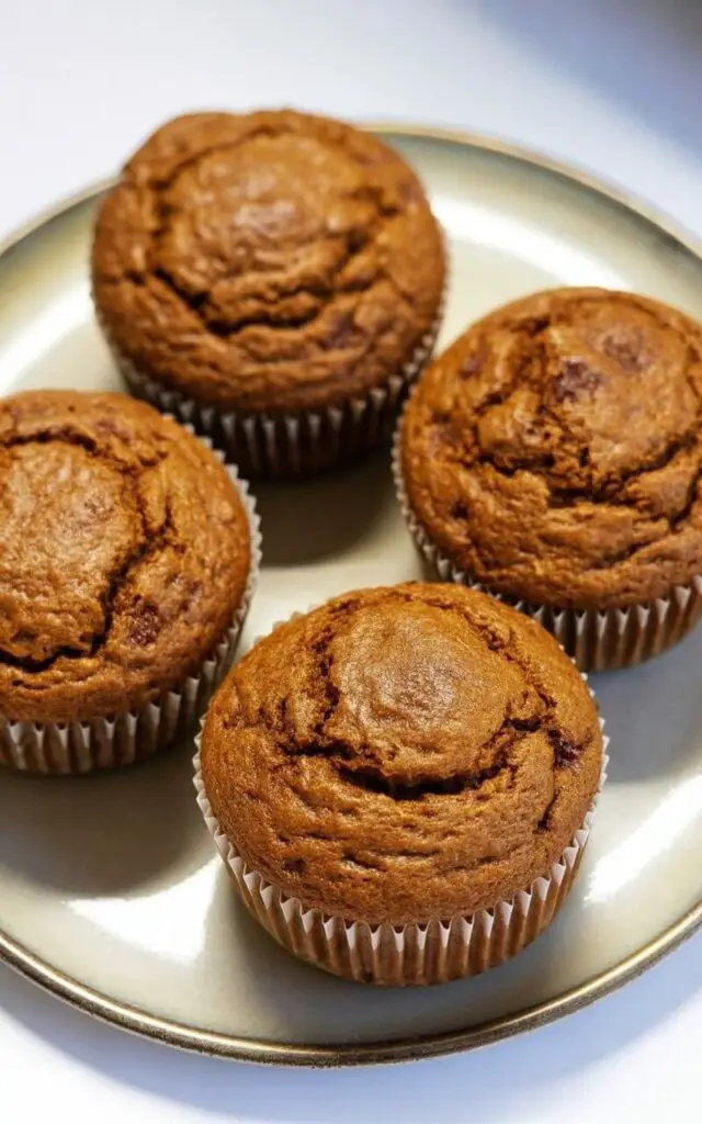 Four pumpkin spice muffins sit on a round white ceramic plate arranged in a square. The muffins have deep orange-brown tops with a slightly matte surface, and visible spice flecks are embedded throughout the batter. The liners of the muffins meet the baked batter at the edges, revealing a tender, moist crumb structure. The plate rests on a bright, plain white kitchen countertop, with diffuse light illuminating the muffins and plate.