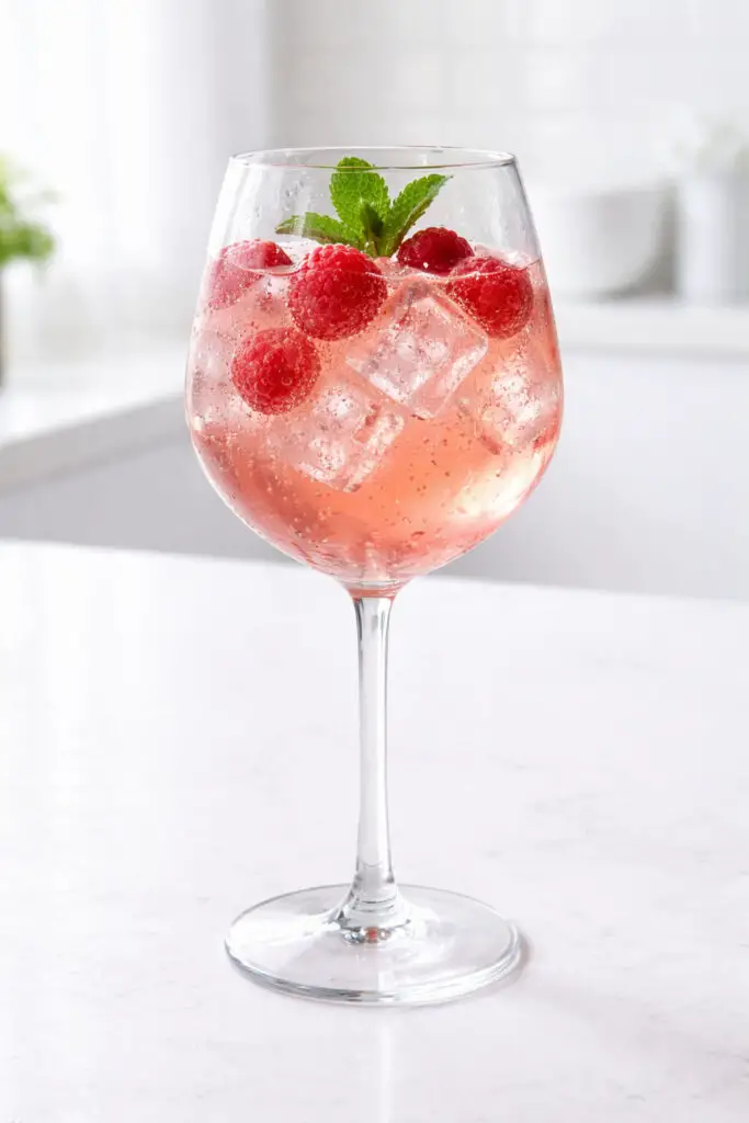 A large stemmed wine glass containing a raspberry rosé spritzer cocktail, natural light bathing the scene evenly, placed on a bright plain white kitchen countertop. The liquid is a light blush pink with whole raspberries floating near the top. Ice cubes refract the rosy color, and faint bubbles cling to the fruit. A sprig of fresh mint adds a pop of green. The rounded bowl of the glass shows small droplets of condensation, and the bright countertop provides a clean, uncluttered background.