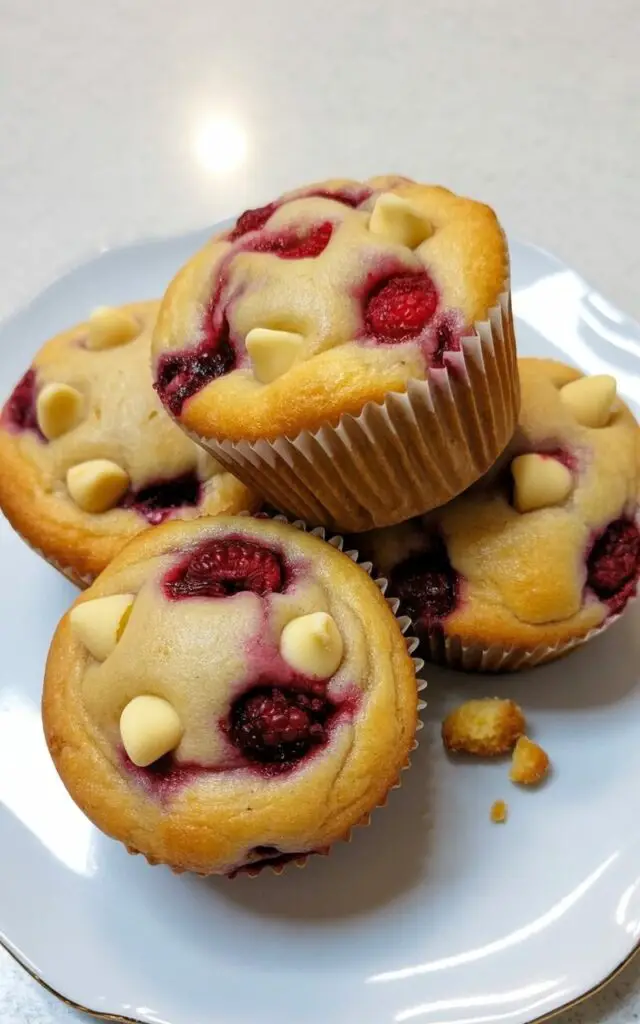 Four raspberry white chocolate muffins sit closely together on a bright white plate with a gently curved rim. The muffins have pale golden tops dotted with vibrant red raspberry pieces and creamy white chocolate chips, with some raspberries appearing slightly sunken and glossy from baking. A few scattered crumbs and a small pool of melted white chocolate are visible around the base of the muffins. The plate rests on a bright, plain white kitchen countertop, uncluttered and minimal, with a subtle reflection of overhead lighting visible on its smooth surface.