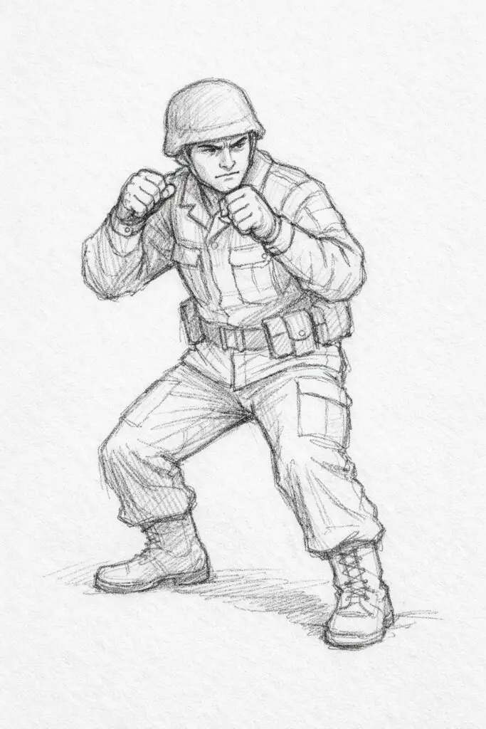 A plain paper background pencil drawing illustration of a soldier captured mid-action in a fighting stance. The soldier is drawn in a simplistic style, with bent knees and one foot slightly forward to show balance. The arms are raised defensively, fists clenched with carefully outlined knuckles. Light pencil strokes indicate muscle tension in the forearms. The uniform features minimal folds around the elbows and knees, sketched with soft shading. The facial expression appears focused and determined, with brows angled downward and lips pressed firmly together.