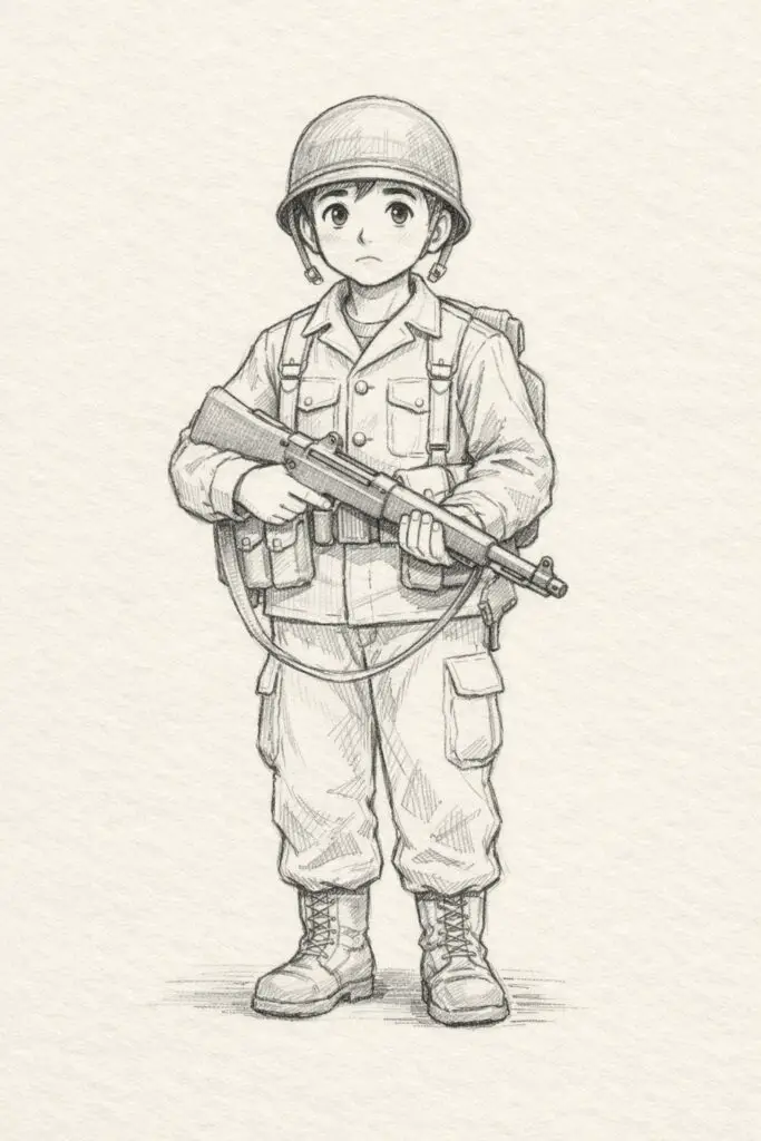 A plain paper background pencil drawing illustration of a young soldier standing upright with slightly softer, youthful facial features. The soldier is drawn in a simplistic style, with uniform neatly outlined and minor creases around the shoulders and knees. Eyes are wide and attentive, with a determined yet slightly nervous expression. The helmet sits firmly on the head. Light shading enhances subtle contours in the face and uniform folds. The composition remains minimal, highlighting the character and emotional state of the young recruit soldier.