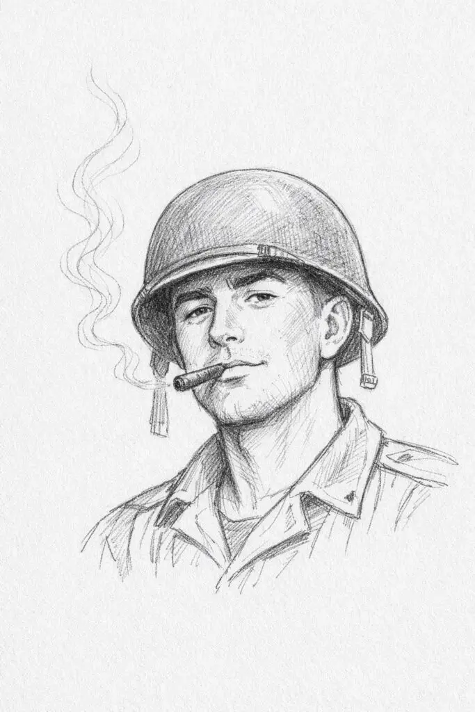 A plain paper background pencil drawing illustration of a soldier holding a small cigar between slightly parted lips. The soldier is drawn in a simplistic style, with a relaxed posture and one eyebrow slightly raised. Thin, swirling pencil lines rise gently to depict smoke drifting upward. The helmet casts a soft shadow across the forehead, enhancing depth. Uniform details remain minimal yet precise, with light creases near the collar. The expression combines calm confidence and quiet toughness against the clean white backdrop.