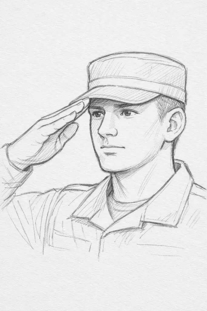 A plain paper background pencil drawing illustration of a soldier captured in a close-up view while performing a salute. The soldier is drawn in a simplistic style, with fingers straight and aligned at the brow. The hand is carefully outlined, showing subtle knuckle structure. The expression is composed and respectful, with neutral lips and focused eyes. Gentle shading defines the cap brim and casts a slight shadow across the forehead. The overall drawing remains uncluttered, emphasizing honor and discipline.