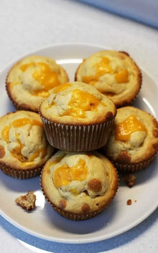 Six cheddar muffins with rounded tops and a deep golden-yellow color sit neatly on a plain white ceramic plate. Melted cheddar cheese is visibly baked into the surface, with small browned cheese spots creating texture and contrast, and a few crumbs are scattered around the muffins. The plate rests on a bright, plain white kitchen countertop with a subtle sheen from cleaning products. A soft, diffused light illuminates the muffins and countertop, highlighting the details of the baked cheese and ceramic surface.