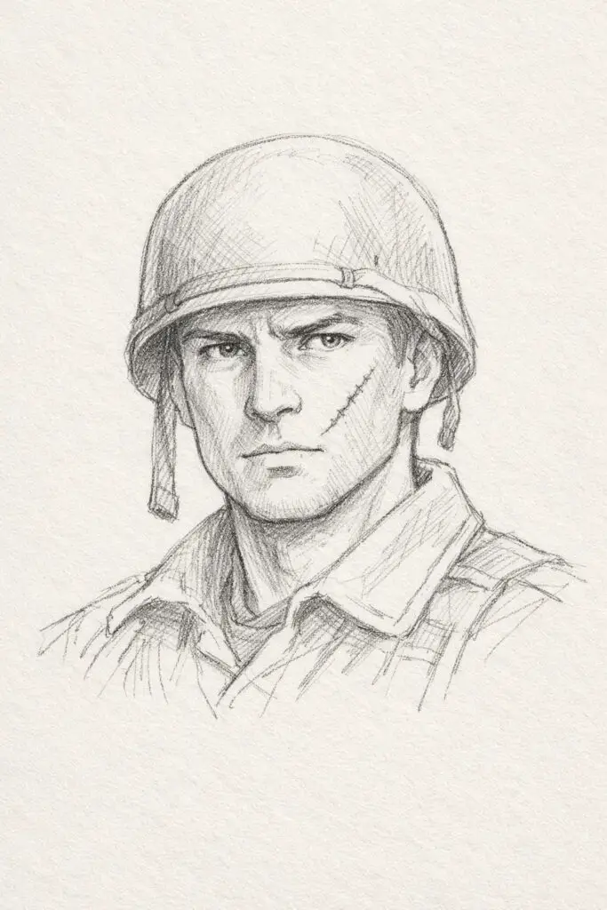 A plain paper background pencil drawing illustration of a soldier featuring a prominent scar running diagonally across one cheek. The soldier is drawn in a simplistic style, with the scar lightly textured using delicate pencil strokes to indicate healed tissue. Eyes are sharp and focused, conveying experience and resilience. The helmet rests securely atop the head, and subtle uniform folds around the collar and shoulders suggest natural posture. Soft shading around the scar and jawline enhances depth while keeping the overall composition clean and minimal.