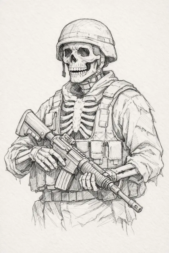 A plain paper background pencil drawing illustration of a soldier depicted as a skeleton wearing simplified military gear. The soldier is drawn in a simplistic style, with carefully outlined skull and ribcage visible beneath light armor. The jawline is open slightly, suggesting a grim expression, while hollow eye sockets are shaded for depth. Minimal creases in the tattered uniform hint at motion. The skeletal hands grip the weapon loosely, with light lines showing bone structure. The overall effect is striking yet uncluttered, emphasizing contrast between bones and uniform.