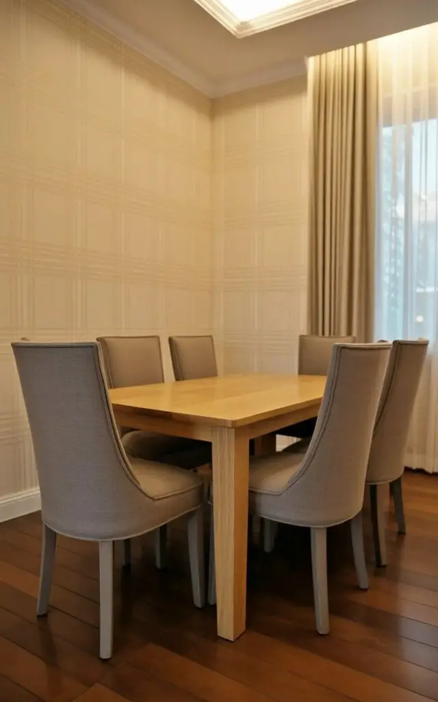 A calm and versatile dining room featuring dining room wallpaper in soft neutral hues with a faint, understated pattern. The space is a very well decorate dining room designed for flexibility and longevity. At the center, an empty dining table and dining chairs in neutral finishes enhance the minimalist aesthetic. Gentle daylight highlights the wallpaper’s subtle texture, adding depth without drawing too much attention. The room feels serene, balanced, and effortlessly stylish, with the wallpaper serving as a quiet, supportive backdrop.