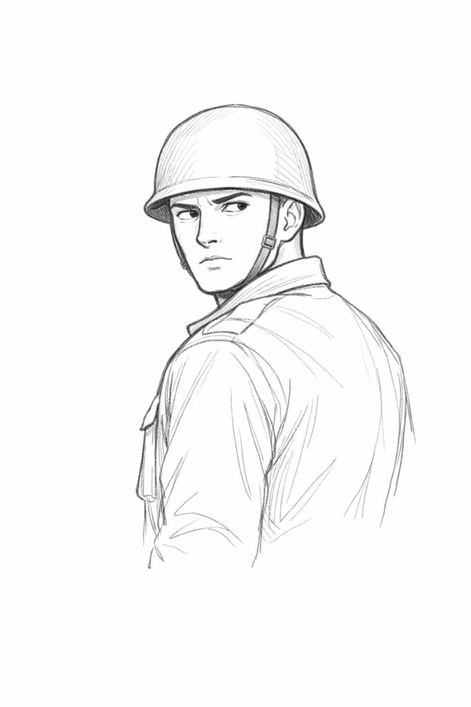 A minimalist, plain white background pencil drawing illustration of a soldier standing upright with the torso facing forward while the head turns sharply over one shoulder. The soldier is drawn in a simplistic style, with clean contour lines defining the helmet, jawline, and collar. The eyes are narrowed slightly, giving a cautious, alert expression. Subtle shading appears beneath the chin and along the neck to create depth. The uniform is lightly detailed with visible seams, shoulder folds, and gentle creases at the upper arm, all carefully rendered with soft graphite strokes.