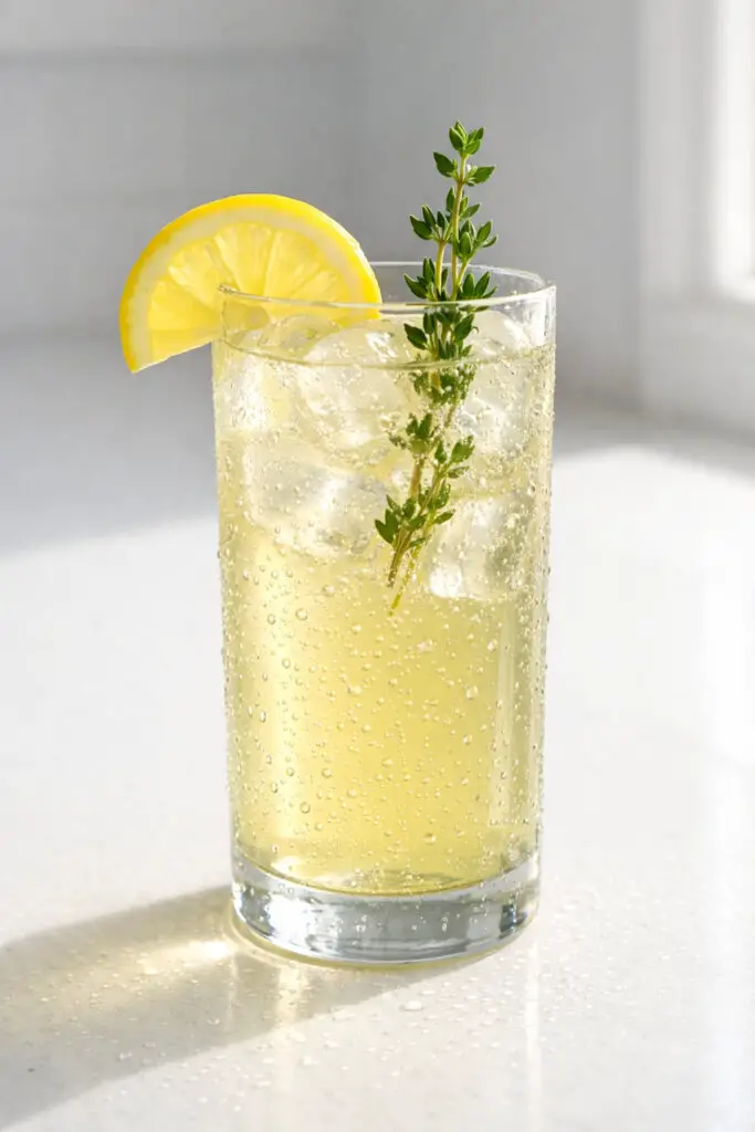 A tall, straight-sided highball glass filled with a sparkling lemon thyme cooler cocktail, natural light shining clearly from the right, placed on a bright plain white kitchen countertop. The drink is pale yellow and highly translucent, with steady streams of carbonation bubbles rising through the liquid. Several ice cubes float evenly spaced. A fresh thyme sprig stands upright inside the glass, and a thin lemon slice rests on the rim. Condensation beads evenly across the exterior, reflecting subtly against the spotless white countertop.