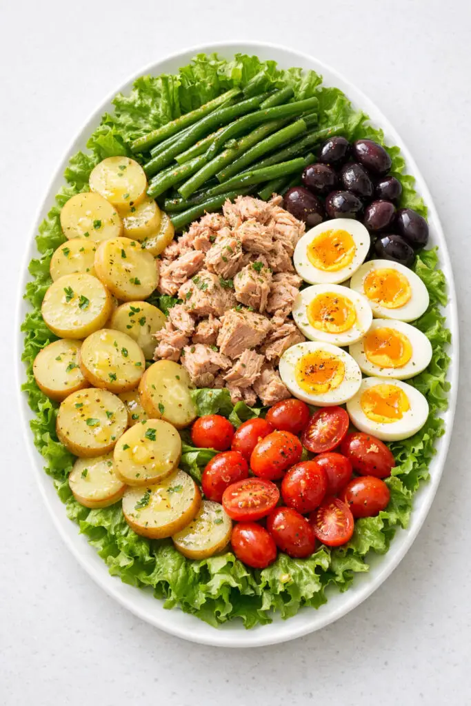 A large oval white serving platter showcasing a carefully arranged Nicoise salad over crisp green lettuce. Sections of tender sliced potatoes, blanched green beans, flaky tuna, halved jammy eggs with bright golden yolks, and glossy olives are organized in neat clusters. Cherry tomatoes add vibrant red accents. A light Dijon vinaigrette glistens subtly across the ingredients. The salad is photographed in soft natural light that highlights each component distinctly, and the platter is placed on a bright plain white kitchen countertop for a crisp, elegant presentation.