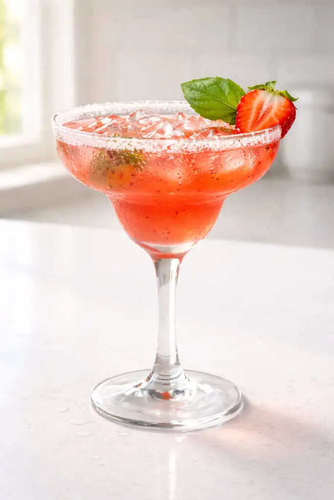 A wide-rimmed margarita glass holding a strawberry basil margarita cocktail, natural light illuminating it evenly, placed on a bright plain white kitchen countertop. The drink has a soft rosy-red hue with tiny strawberry seeds faintly visible. The rim is coated in coarse salt crystals that sparkle subtly. A fresh basil leaf and a thin strawberry slice rest on the rim. Ice cubes are partially submerged, with small condensation droplets forming on the bowl of the glass. The countertop beneath reflects a faint blush tone from the drink’s color.
