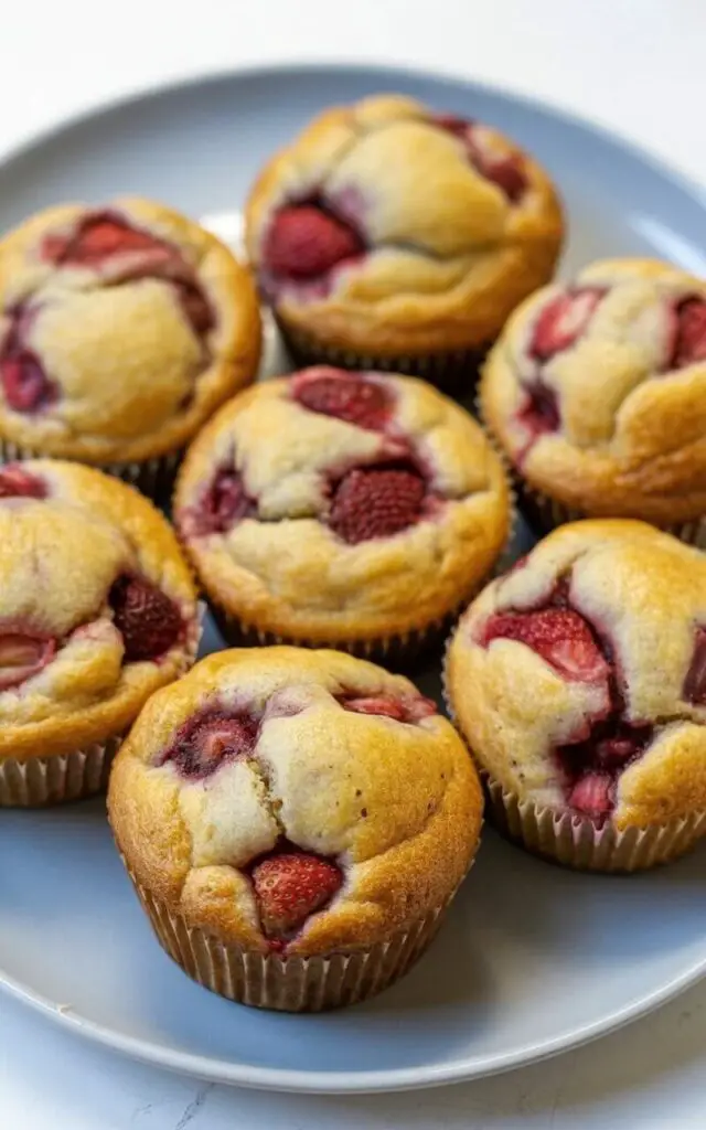 Six strawberry muffins with lightly domed tops sit neatly arranged on a plain white ceramic plate. Each muffin displays visible red strawberry pieces baked into the surface, with some strawberries exhibiting slight caramelization. The muffins possess a soft golden hue interspersed with pink streaks near the edges, and their bases rest firmly on the plate. The plate is positioned on a bright, clean white kitchen countertop, with sunlight illuminating the scene and subtly highlighting the muffins' colors.