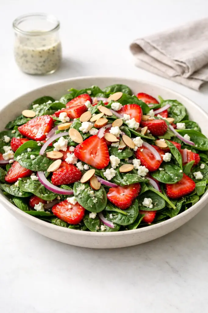 A wide, shallow ceramic bowl filled with strawberry spinach salad, featuring vibrant baby spinach leaves layered generously with thinly sliced ripe red strawberries, pale purple slivers of red onion, crumbled white feta cheese, and lightly toasted sliced almonds scattered evenly across the top. Tiny black poppy seeds are visible in the glossy, lightly creamy dressing coating the greens. The salad is styled under soft natural light, creating gentle shadows and highlighting the freshness of the ingredients, and the bowl is placed on a bright plain white kitchen countertop. A small glass jar of extra dressing and a folded linen napkin sit subtly in the background, slightly out of focus.