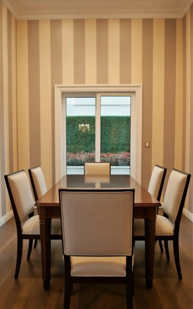 This dining room wallpaper displays refined vertical stripes in soft neutral tones, subtly enhancing the room’s height. The space is a very well decorate dining room, polished yet approachable. An empty dining table and dining chairs are centered precisely, their simple forms echoing the minimalist design. The stripes create visual rhythm without overwhelming the room. The wallpaper s from top to bottom.
