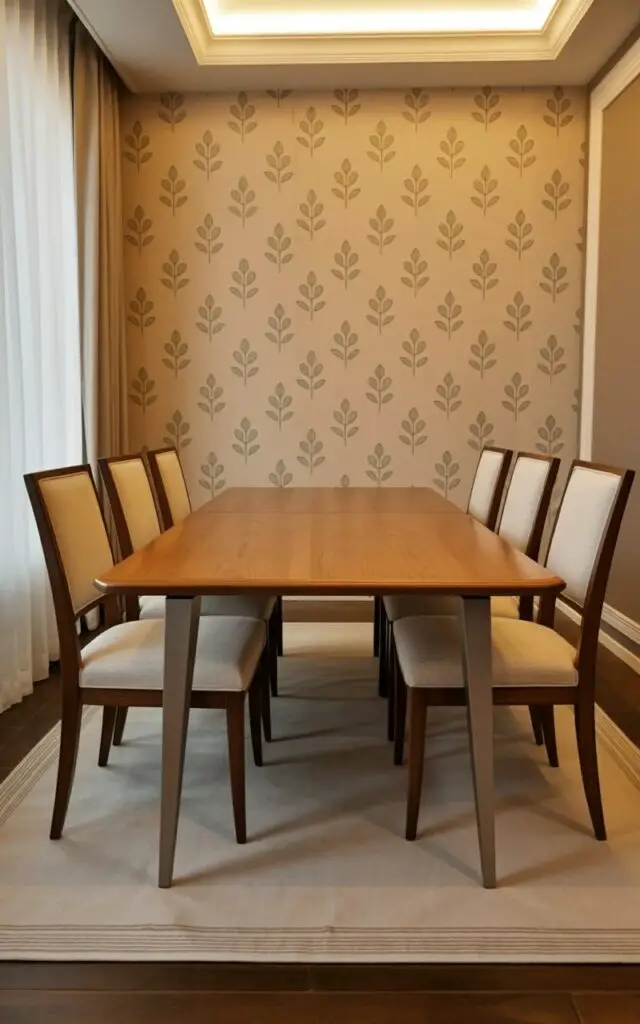 A calm, understated dining room is shown with dining room wallpaper featuring a delicate, low-contrast pattern. The room appears as a very well decorate dining room designed for quiet elegance. An empty dining table and dining chairs in neutral tones sit neatly in the center, reinforcing a minimalist design. The wallpaper adds gentle texture and depth without demanding attention. Soft natural light enhances the subtle pattern, creating a refined and harmonious dining space that feels effortless and timeless.
