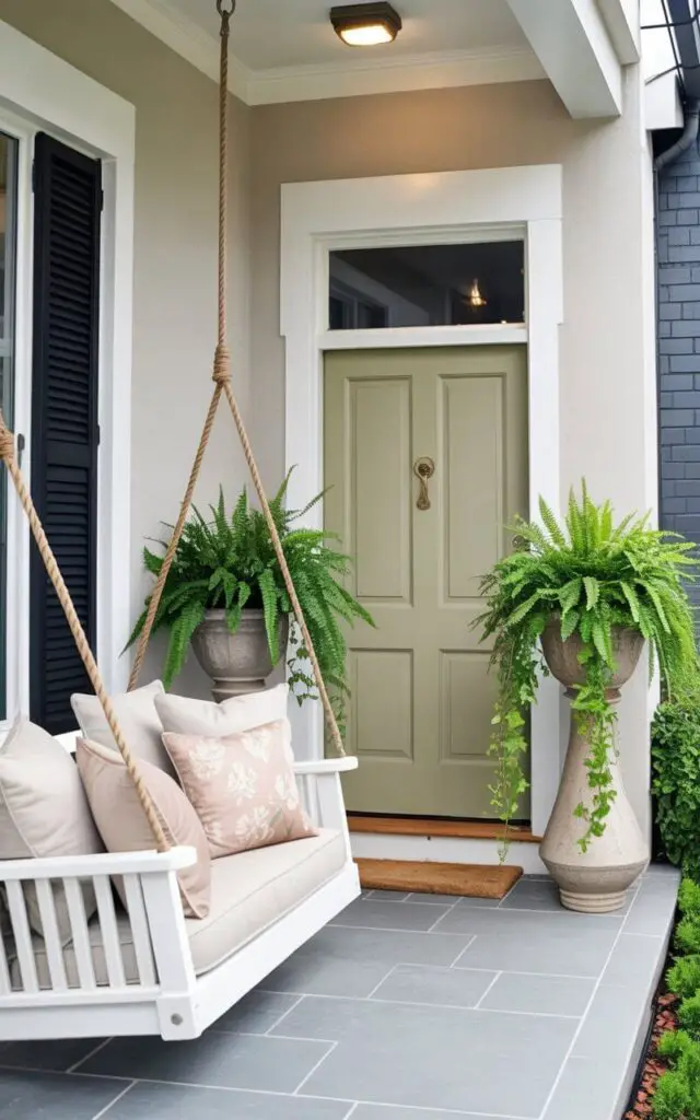 A charming spring front porch featuring a white wooden porch swing suspended from the ceiling by sturdy ropes. The swing is styled with soft neutral cushions and a pale floral pillow, maintaining a minimalist yet cozy appearance. This very well decorate front porch includes tall greenery in simple ceramic planters positioned symmetrically near the entry. Behind the swing, a muted sage door is visible; the door has a keyhole and a handle in matte black, sharply defined and proportionate. Sunlight filters gently through, casting soft shadows across light stone flooring, creating a serene and inviting atmosphere. The swing is on the left side