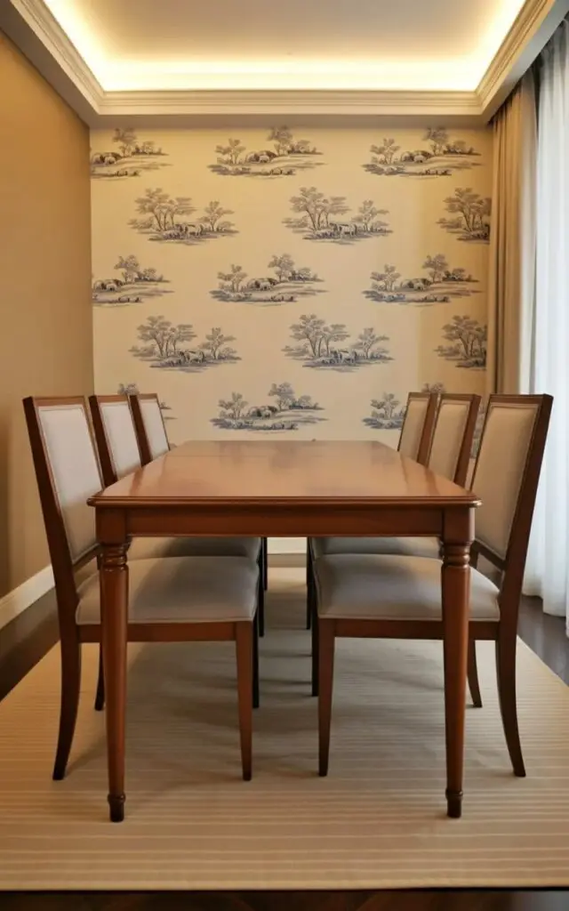 The image presents a classic dining space wrapped in dining room wallpaper featuring detailed toile scenes in soft blue and cream tones. The setting feels like a very well decorate dining room where storytelling patterns add depth without excess. At the center, an empty dining table and dining chairs with slender legs and neutral upholstery emphasize a minimalist composition. The toile illustrations unfold gracefully across the walls, balanced by ample negative space and soft natural lighting. The room feels refined, calm, and elegant, with the wallpaper delivering visual interest while the furniture remains clean and understated.