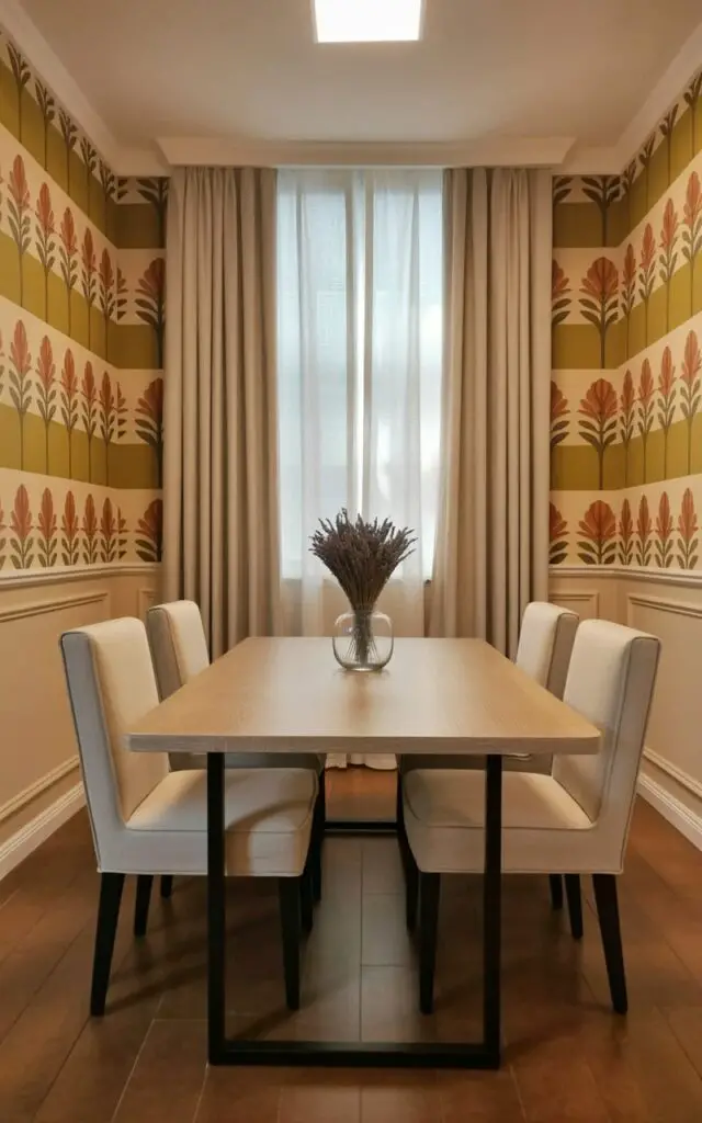 This image captures an eclectic dining room styled with dining room wallpaper featuring vintage-inspired prints and retro color palettes. The space still feels like a very well decorate dining room due to its careful balance. An empty dining table and dining chairs with simple forms anchor the room, keeping the overall look minimalist. The wallpaper adds character and nostalgia, while uncluttered surfaces and restrained décor prevent the room from feeling dated. The atmosphere is playful, curated, and visually engaging. Vintage prints