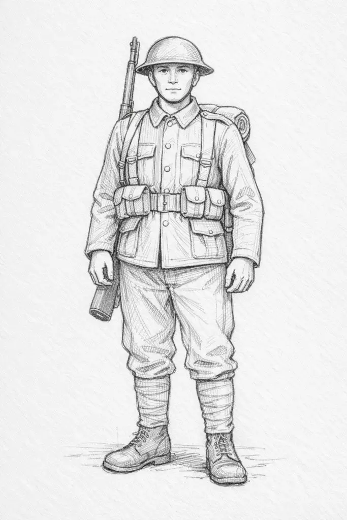 A plain paper background pencil drawing illustration of a soldier in early 20th-century military attire. The soldier is drawn in a simplistic style, featuring a round helmet, basic boots, and neatly outlined uniform. The pose is relaxed yet upright, with arms lightly bent at the sides. Light pencil lines indicate gentle folds in the fabric, particularly around the knees and elbows. The expression is neutral, showing discipline without tension. Overall, the composition highlights simplicity, with focus on historical uniform details against a clean white background.