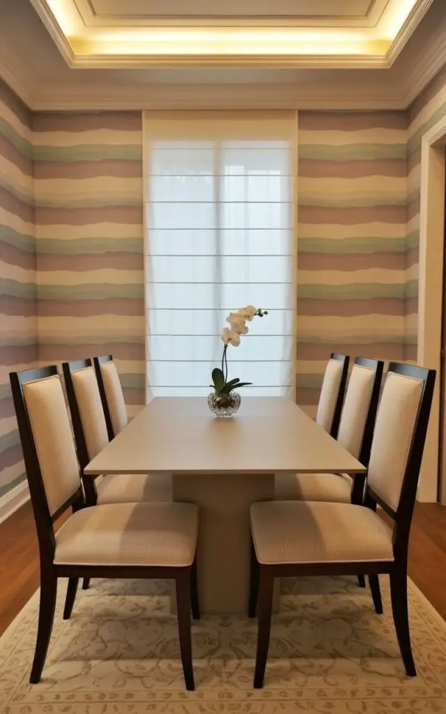 This image presents a serene dining room styled with dining room wallpaper featuring flowing watercolor washes in soft, blended hues. The space feels like a very well decorate dining room that radiates calm sophistication. An empty dining table and dining chairs in neutral finishes sit quietly in the center, supporting a minimalist aesthetic. The watercolor wallpaper appears almost hand-painted, with gentle transitions that soften the room’s edges. Natural light enhances the fluid tones, creating a peaceful, airy, and effortlessly elegant dining setting.